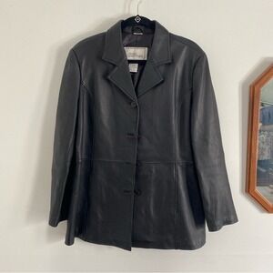 Modern Essentials‎ Black Genuine Leather Blazer Jacket Button Front Women's L